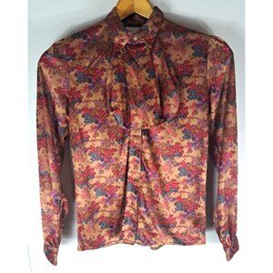 Vintage Queens Way Womens Button Down Top Collared Bow Brown Floral 1970s S